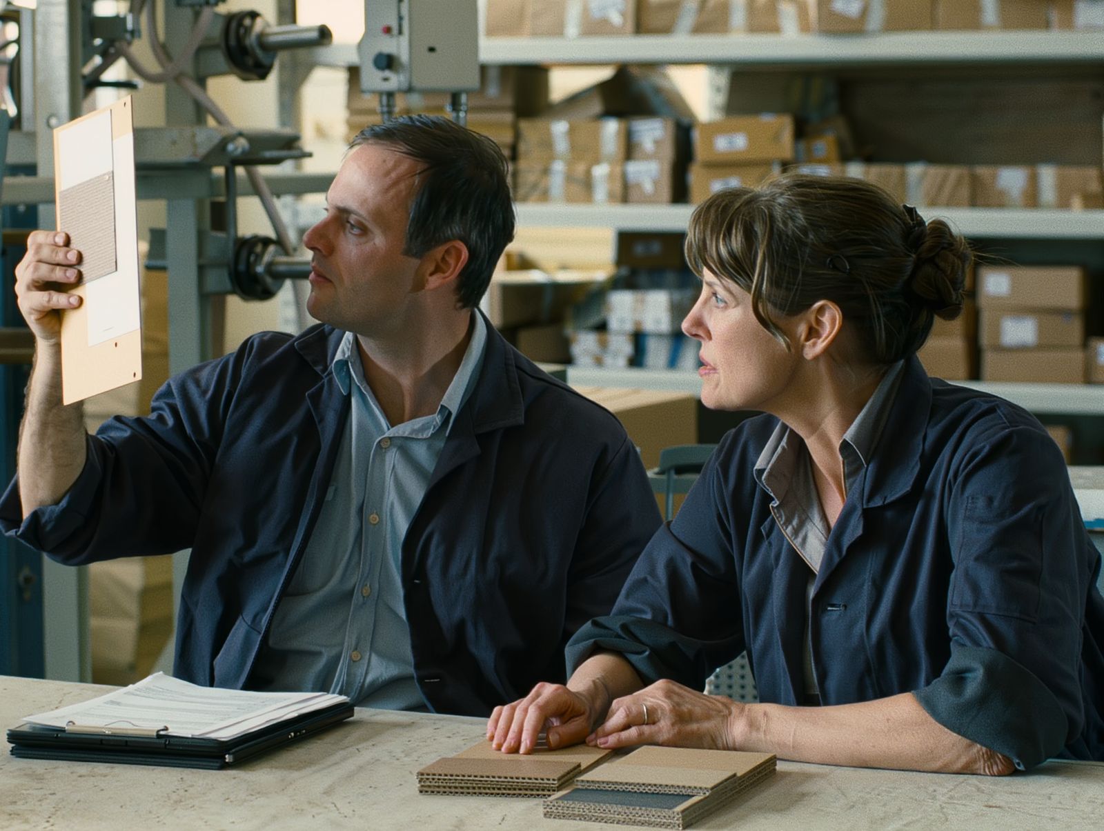 Two factory staff comparing a board sample against a specification sheet