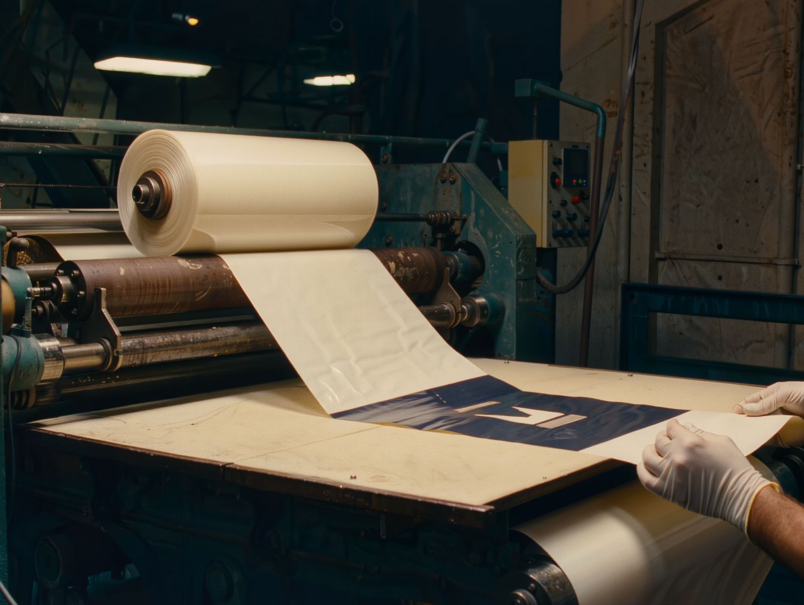 A hot foil roll running over a navy carton blank on a stamping unit