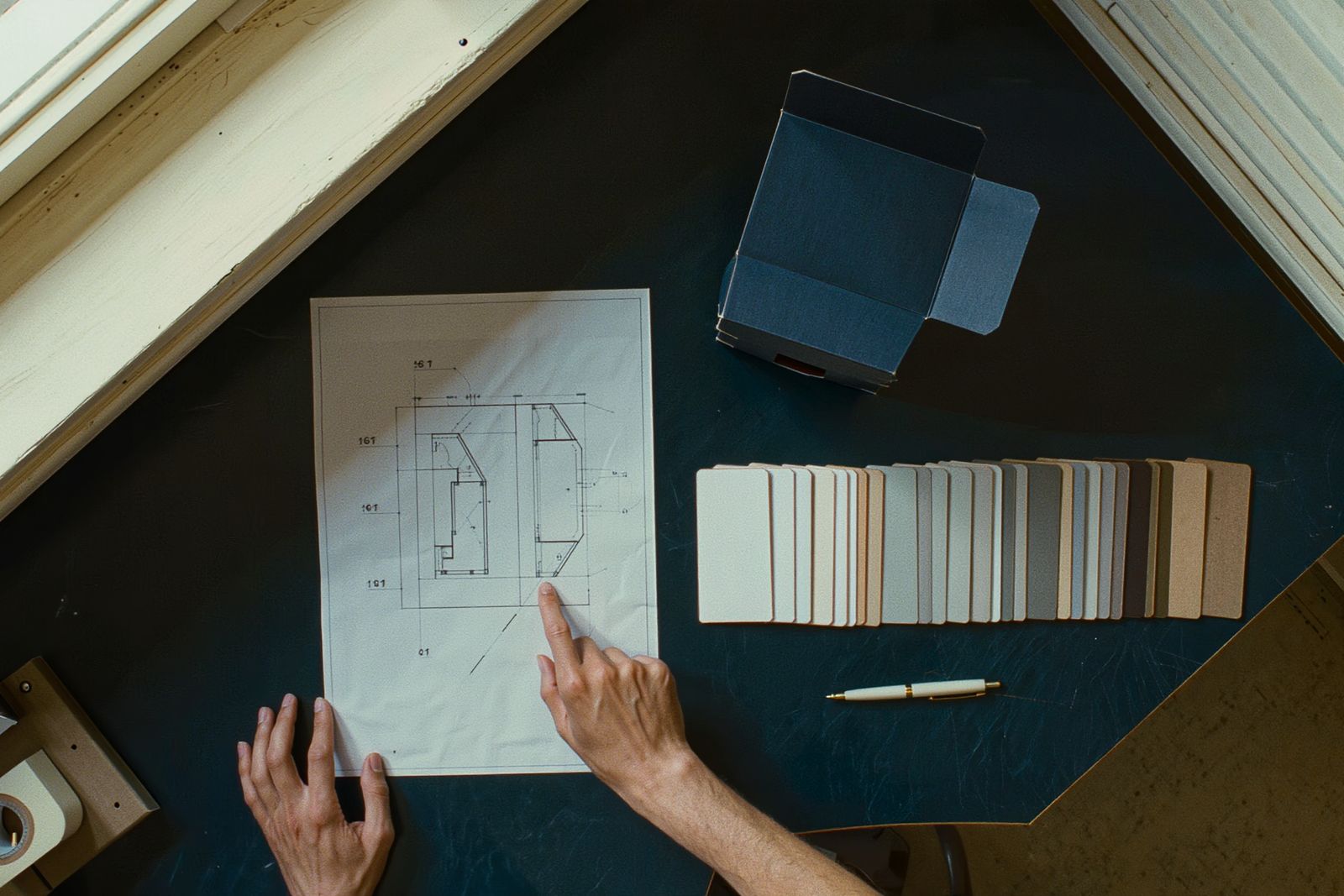 A dieline drawing, a carton blank and a fan of board swatches on a desk