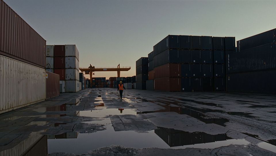 Stacked shipping containers in a port yard at dusk