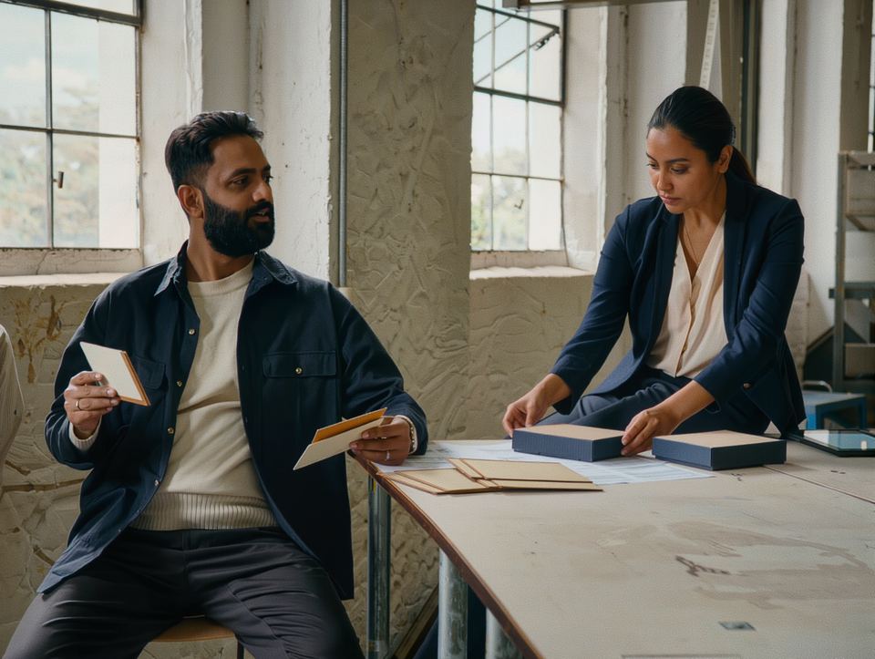 Two factory staff comparing a board sample against a specification sheet