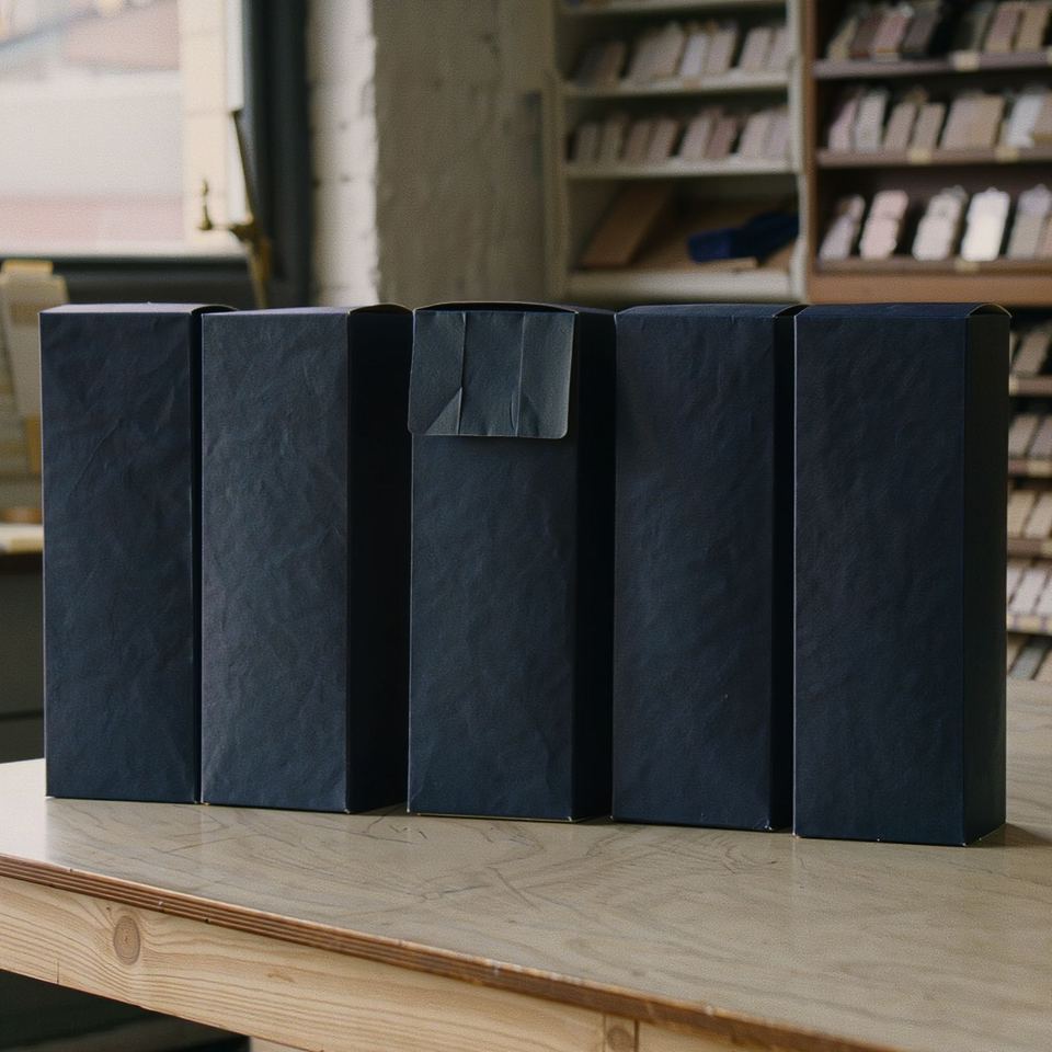 Plain navy folding cartons standing on a sample-room table