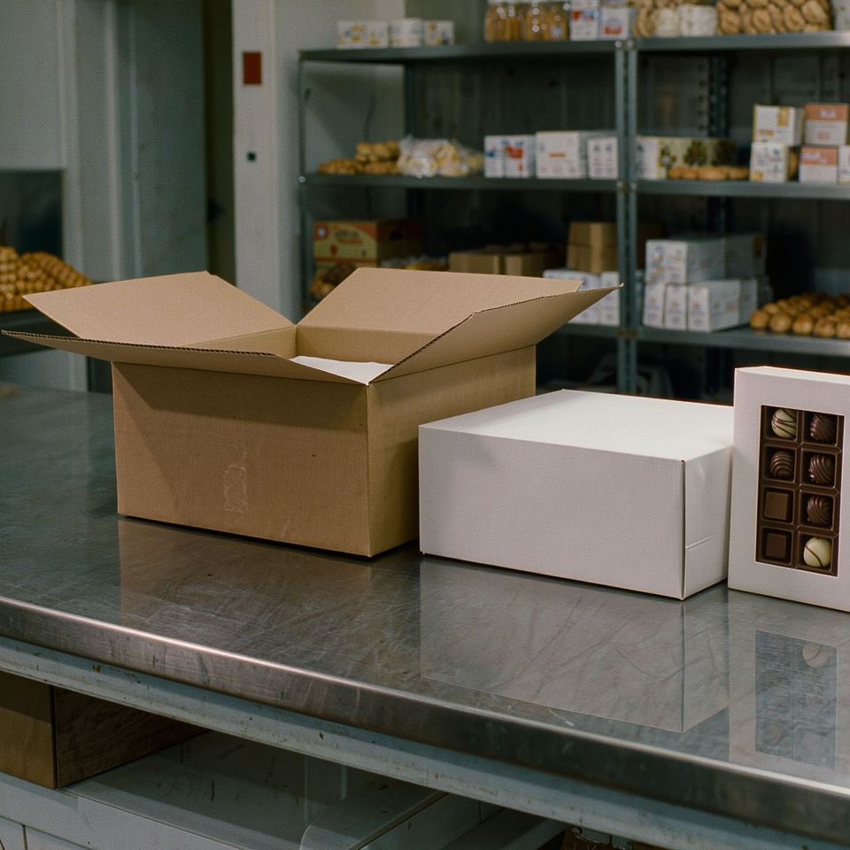 Kraft and white bakery cartons on a steel counter