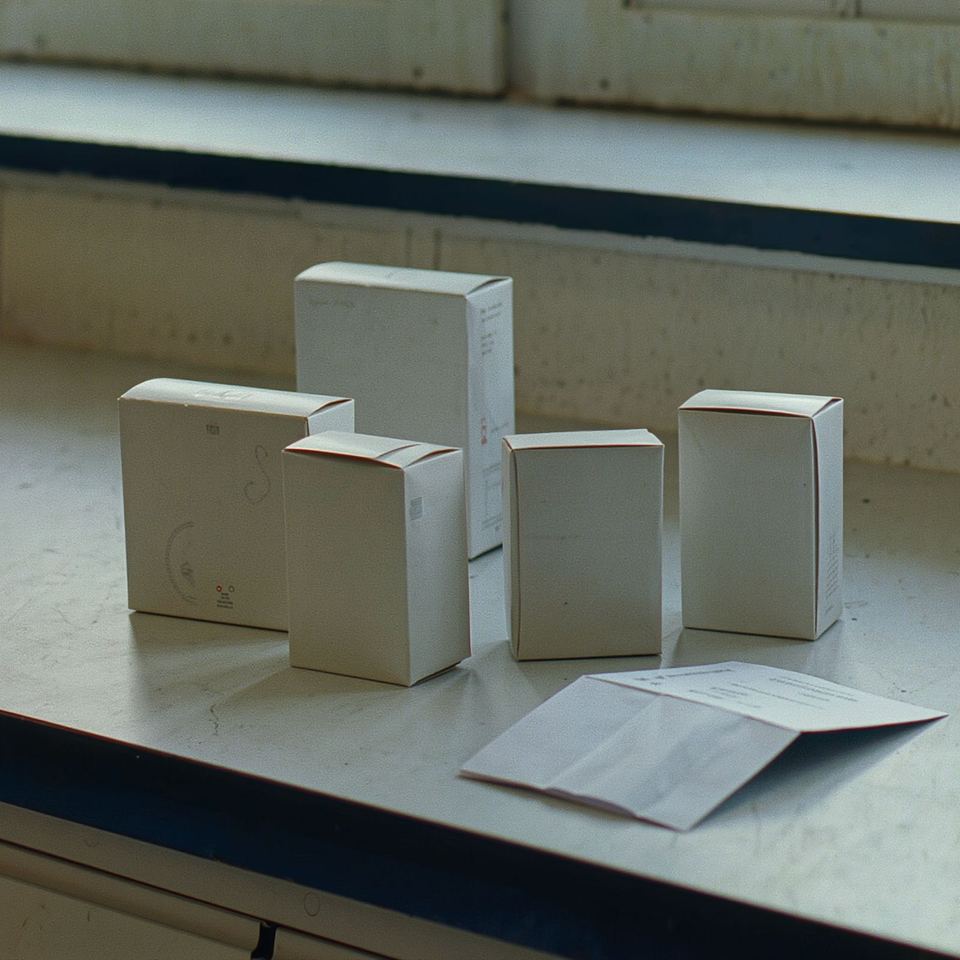 Plain white pharmaceutical cartons on a laboratory bench