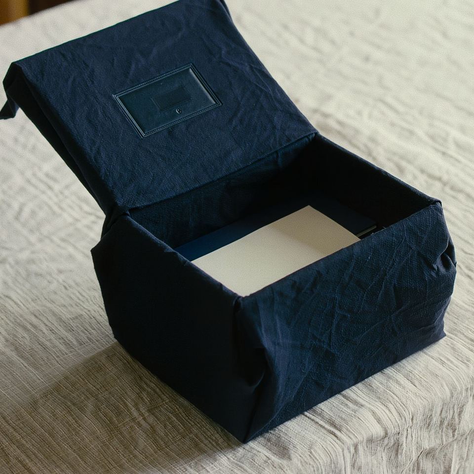A navy cloth-wrapped rigid box open on linen