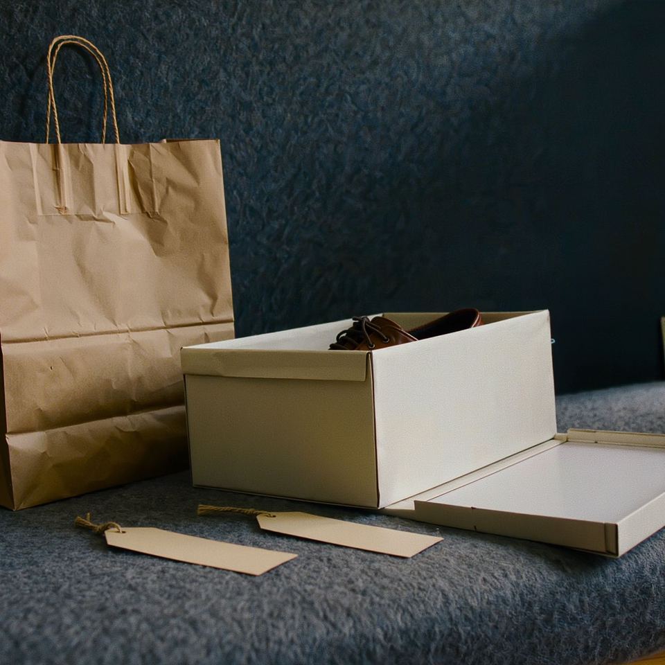 An ivory shoe box, a kraft paper bag and blank hangtags
