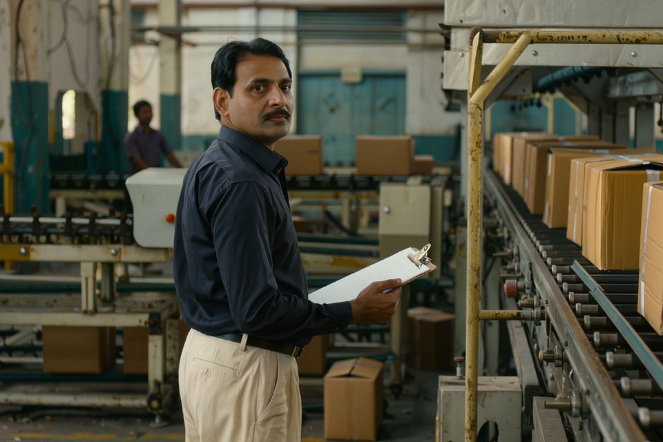 A production manager beside a running carton line with a clipboard