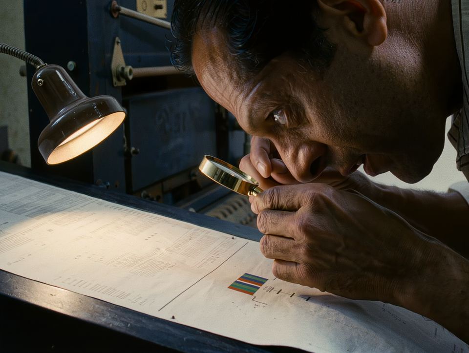 An inspector checking a printed colour bar through a loupe