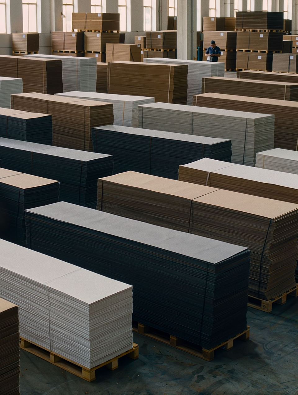 Pallets of folding box board stacked on a factory floor