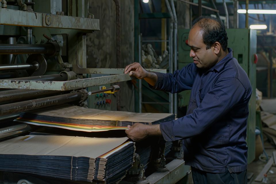 A press operator checking a printed sheet beside the press
