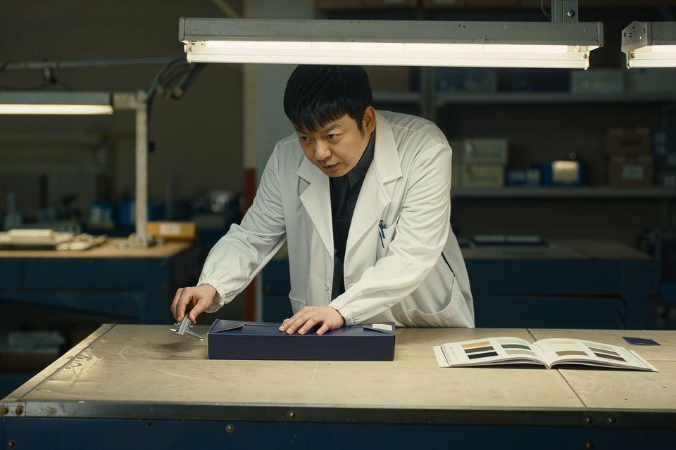 A technician measuring a carton sample on a laboratory bench